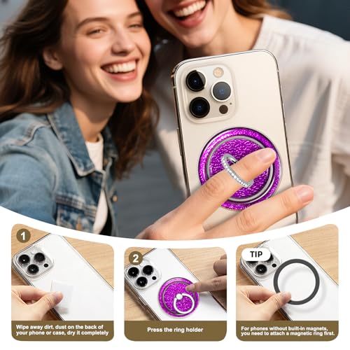 Purple Sparkly Magnetic Ring Grip for MagSafe, Bling Phone Stand - color: Purple