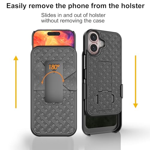 for iPhone 16+ Plus Stand Case Holster, Screen Protector-Black | Camera Lens Protector, Swivel Belt Clip Kickstand Holder, Slim Shell Pouch Full Body Protective Shockproof Cell Phone Cover - size: iPhone 16 Plus