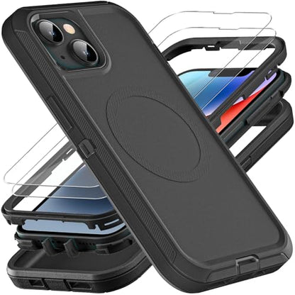 YKHJKLEC iPhone 13/14 Case Compatible With Magsafe - 3 in 1 Heavy Duty Shockproof/Drop Proof/Dust Proof With 2Pcs Tempered Glass Screen Protector (New-Black/Black) - color: New-Black/Black