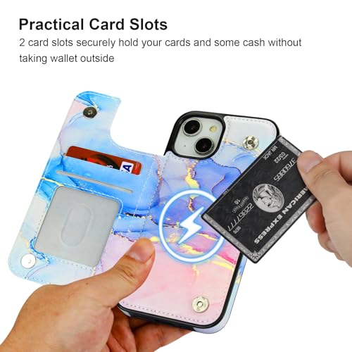 HAOPINSH for iPhone 14 Case Wallet Compatible with MagSafe Wireless Charging, Pink Blue Marble Pattern Back Flip Folio RFID Blocking Leather Kickstand Card Slots Case Double Magnetic Clasp Cover 6.1" - color: Pink Blue Marble MagSafe
