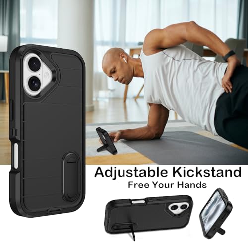 for iPhone 16 Case with Screen Protector, Heavy Duty Shockproof Drop Protection Military Grade Tri-Layer Full Covered Rugged Durable Cell Phone Cover with Built-in Invisible Kickstand 6.1" (Black) - color: Black