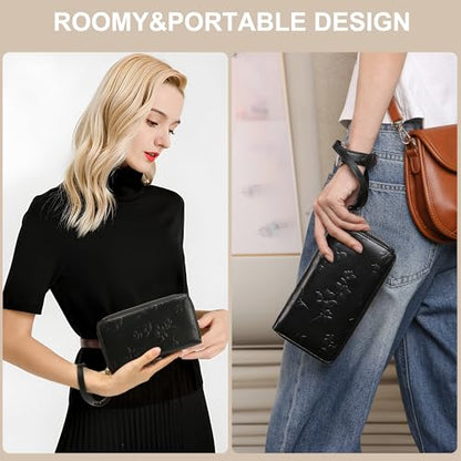yiijay Womens Wallet RFID Blocking Large Capacity Vegan Leather Double Zip Wristlet Wallet Card Holder Travel Ladies Clutch - color: Black
