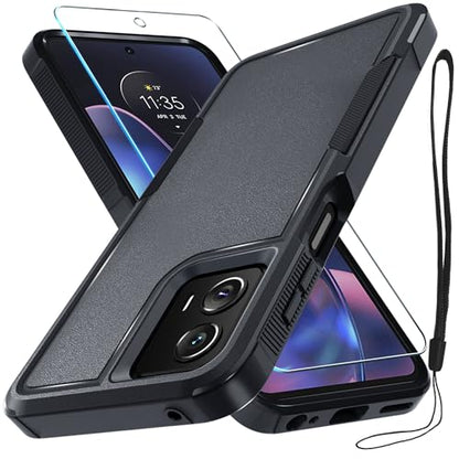 Case Compatible with Moto G 5G 2024, Full Body Heavy Duty Rugged Shockproof Protective Phone Cover with Lanyard Strap, Tempered Glass Screen Protector, Black Matte | with Tempered Glass Screen Protector+Lanyard Strap,Rugged Shockproof Protective Phone Cas