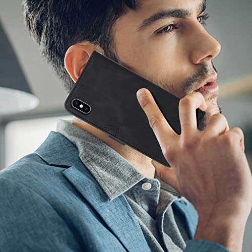 for iPhone X/Xs Flip Wallet Case with Card Slots, Black | PU Leather, TPU Interior, 3 Card Slots, Cash Pocket, Magnetic Clasp, Detachable Wrist Strap, Stand, Precise Cutouts - color: Black