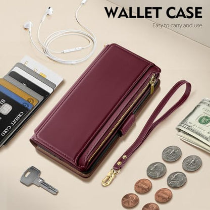 Antsturdy for iPhone 16 Pro Max Phone Wallet Case Women,Wine Red | RFID Blocking,with Credit Card Holder Slots,PU Leather Purse,Zipper Pocket,Wrist Strap Kickstand,Flip Folio Cover for Men - color: Wine Red
