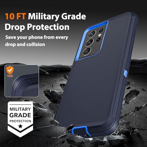 for Samsung Galaxy S21 Ultra Case with 2Pcs Self Healing Flexible TPU Screen Protector & Camera Lens Protector, 3 in 1 Heavy Duty Shockproof/Drop Proof/Dust Proof Case (Navy Blue) - color: Navy Blue