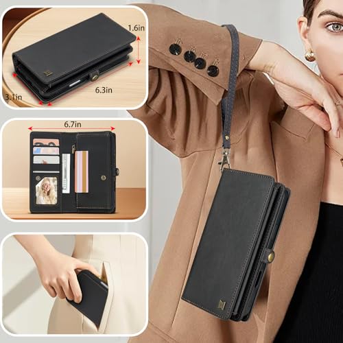 for Wallet Case Compatible with iPhone 16 Pro,Multi-Function Detachable 2 in 1 Magnetic iPhone 16 Pro Case Wallet,Flip Strap Zipper Card Holder Phone Case with Shoulder Straps (Black) - color: Black, size: iPhone 16 pro