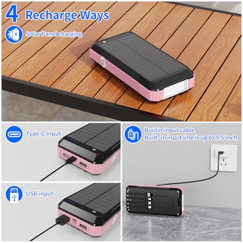 Solar Power Bank 49800mAh, Portable Charger with Built-in 4 Cables, 22.5W Fast Charging Solar Panel Charger for Traveling, Camping and Emergency(Pink) - color: Pink