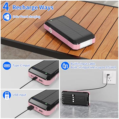 Solar Power Bank 49800mAh, Portable Charger with Built-in 4 Cables, 22.5W Fast Charging Solar Panel Charger for Traveling, Camping and Emergency(Pink) - color: Pink
