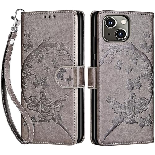 for iPhone 13/14 Wallet case, Gray Flower | 3 Card Holders, Kickstand, Shockproof TPU Shell, PU Leather, Magnetic Closure, Protective Flip Folio Cover, Women - color: 9