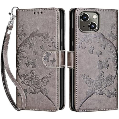 for iPhone 13/14 Wallet case, Gray Flower | 3 Card Holders, Kickstand, Shockproof TPU Shell, PU Leather, Magnetic Closure, Protective Flip Folio Cover, Women - color: 9