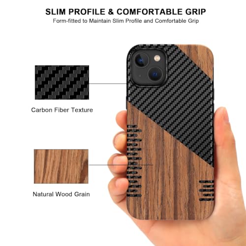 TENDLIN Compatible with iPhone 15 Case Wood Grain with Carbon Fiber Texture Design Leather Hybrid Slim Case (Twill) - color: Twill, size: iPhone 15