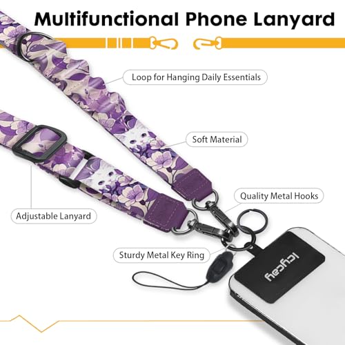 Icycay Phone Lanyard Crossbody Strap Neck Adjustable Teacher Women Cat - color: Cat Purple Flower