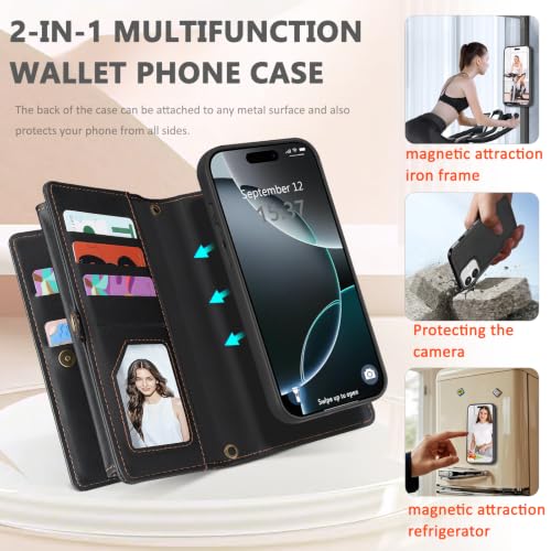 for iPhone 16 Plus Wallet Case, Detachable Magnetic Shockproof Phone Case,Faux Leather Crossbody Wallet,with RFID Blocking，Zipper Card Holder，Shoulder Strap (Black) - color: Black, size: iPhone 16 Plus