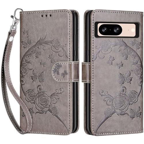Wallet Case for Google Pixel 8, Gray Flower | Women Flip Folio Cover, Embossed PU Leather, Stand, Credit Card Holders Slots, Wrist Strap - color: 6