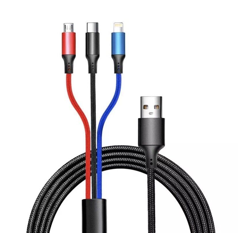 3 in 1 Fast Charging Cable with Micro USB, USB-C, and Lightning Connector Compatible with iPhone and Android, Nylon Braided, Black