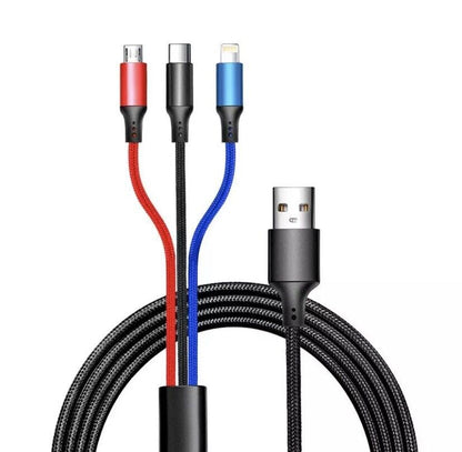3 in 1 Fast Charging Cable with Micro USB, USB-C, and Lightning Connector Compatible with iPhone and Android, Nylon Braided, Black