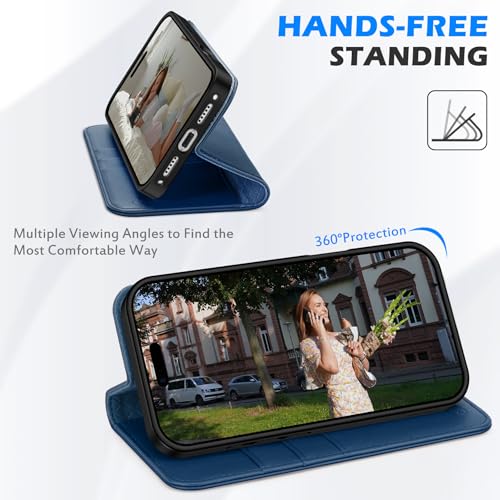 SHIELDON Genuine Leather Case Wallet for iPhone 17 Pro 6.3", Royal Blue | Flip Magnetic Cover, RFID Blocking, Credit Card Slot, Kickstand, Book Design, Soft Shockproof Phone Shell - color: Royal Blue