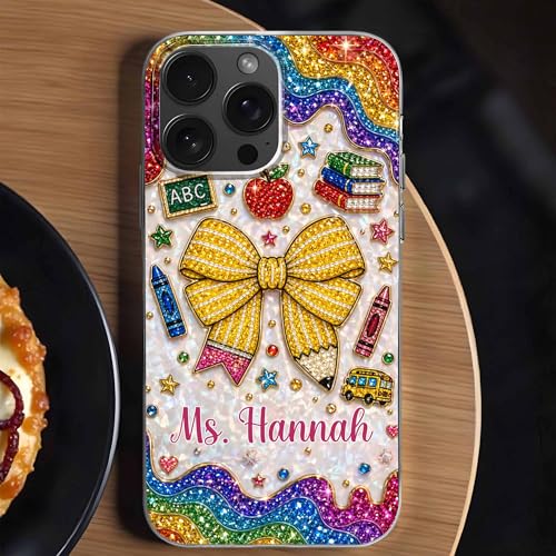 Teaching is A Work of Heart Pencil Bow and Apple - Personalized Clear Phone Case Cute Teacher Appreciation Week Gift Back to School Protective Cover for Women