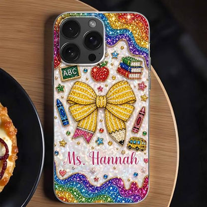 Teaching is A Work of Heart Pencil Bow and Apple - Personalized Clear Phone Case Cute Teacher Appreciation Week Gift Back to School Protective Cover for Women