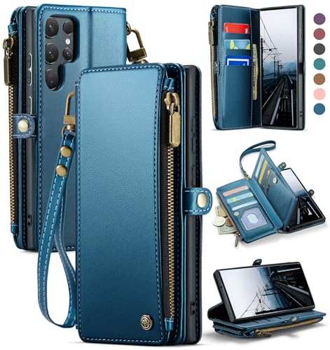 Defencase for Samsung Galaxy S22 Ultra Wallet Case with Card Holder, Blue | Durable PU Leather, with RFID Blocking Zipper Pocket, Wrist Strap, S22 Ultra Flip Phone Cases Cover with Stand for Women Men - color: Elegant Dark Blue