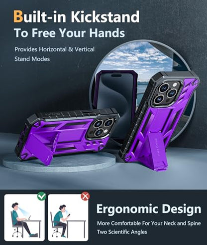 FNTCASE for iPhone 15 Pro Case, Built-in Screen Protector, Kickstand Purple | Military-Grade Drop Protection, Anti-Slip Matte Textured, Rugged Heavy Duty Shockproof TPU Protective Cover - color: Purple