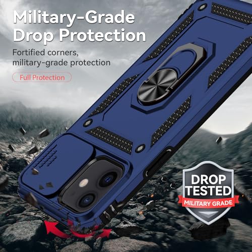 for iPhone 12/ iPhone 12 Pro Case with Camera Lens Cover, Blue | HD Screen Protector, 16 FT Military Grade Drop Protection, Magnetic Kickstand Rugged Shockproof Protective Cove - color: Blue