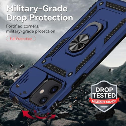 for iPhone 12/ iPhone 12 Pro Case with Camera Lens Cover, Blue | HD Screen Protector, 16 FT Military Grade Drop Protection, Magnetic Kickstand Rugged Shockproof Protective Cove - color: Blue