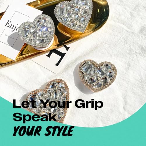 OnTheGrip Cute Cubic Diamond Heart Shape Design Collapsible Expandible Mobile Phone Grip Stand Holder for Smartphone Tablet Cell Phone Accessory (Silver Big)