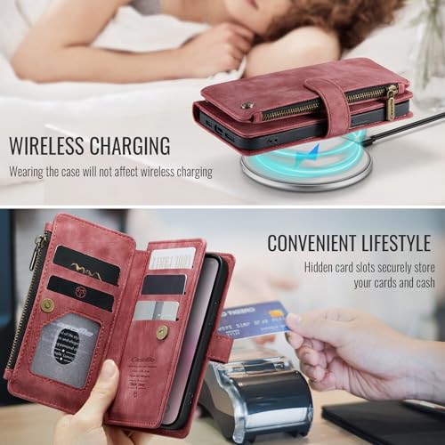Compatible with iPhone 16e/17e Wallet Case,with Card Holder Kickstand Magnetic Zipper Pocket Lanyard Strap Wristlet,Leather Flip Case Wallet for iPhone 16e/17e 6.1 Inch(Red) - color: Red, size: iPhone 16E/17E 6.1 Inch