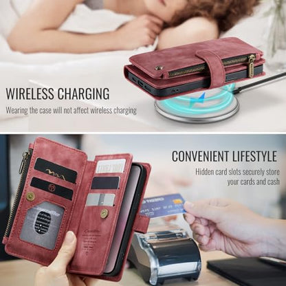 Compatible with iPhone 16e/17e Wallet Case,with Card Holder Kickstand Magnetic Zipper Pocket Lanyard Strap Wristlet,Leather Flip Case Wallet for iPhone 16e/17e 6.1 Inch(Red) - color: Red, size: iPhone 16E/17E 6.1 Inch
