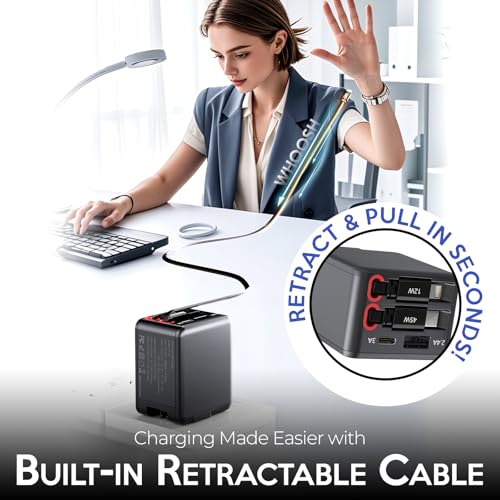 45W Retractable Wall Charger 4 Port with Built-in Type-C, Travel Ready