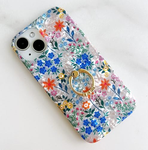 Qokey Cover for iPhone 13/14 6.1 Inch, Clear Glitter Flower for Women Girls with 360 Degree Rotating Ring Kickstand, Soft TPU Shockproof Non-Yellowing Case, Powder Blue Floral - color: Powder Blue
