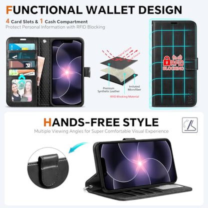 TUCCH 2-in-1 Detachable Wallet Case for iPhone 17e/16e (6.1"), Black | 4 Card Holders, RFID Blocking, Wireless Charging, Kickstand, Wrist Strap, Shockproof TPU, PU Leather, Magnetic, Folio Cover - color: Black