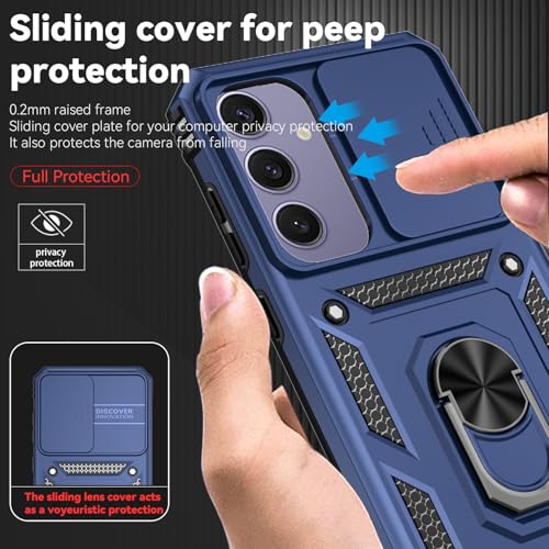 for Samsung Galaxy S24 FE Case with Camera Lens Cover HD Screen Protector, Dual Layer Military-Grade Drop Tested Magnetic Ring Holder Kickstand Protective Phone Case for Galaxy S24 FE (Navy Blue) - color: Navy Blue with camera cover Military-Grade 2nd gen