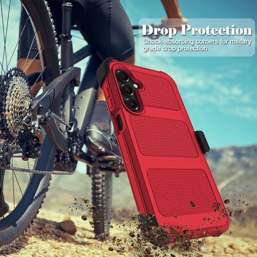for Samsung Galaxy A16 5G Case with 2 Pack Tempered Glass Screen Protector, [Holster Series] Belt Clip Hard Tough Heavy Duty Rugged Shockproof Protective Cell Phone Case (Red) - color: Red