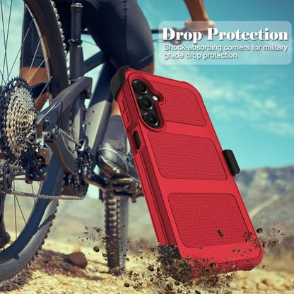 for Samsung Galaxy A16 5G Case with 2 Pack Tempered Glass Screen Protector, [Holster Series] Belt Clip Hard Tough Heavy Duty Rugged Shockproof Protective Cell Phone Case (Red) - color: Red