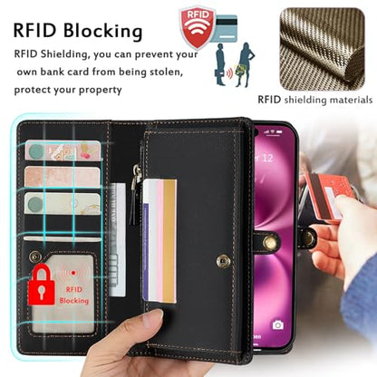 for Wallet Case Compatible with iPhone 16 Plus,Multi-Function Detachable 2 in 1 Magnetic iPhone 16 Plus Case Wallet,Flip Strap Zipper Card Holder Phone Case with Shoulder Straps (Black) - color: Black, size: iPhone 16 Plus
