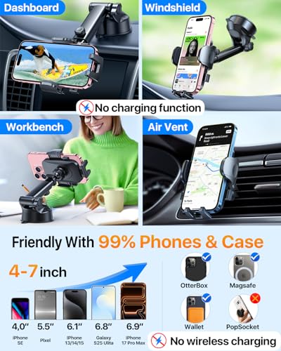 HTU Car Phone Holder【2026 Upgraded 100+LBS Suction & Safety Cert】 Cell Phone Car Mount for Truck Heavy Duty Phone Holder for Dashboard/Windshield/Vent for iPhone 17 16 Pro Max, Dark Black - color: Dark Black