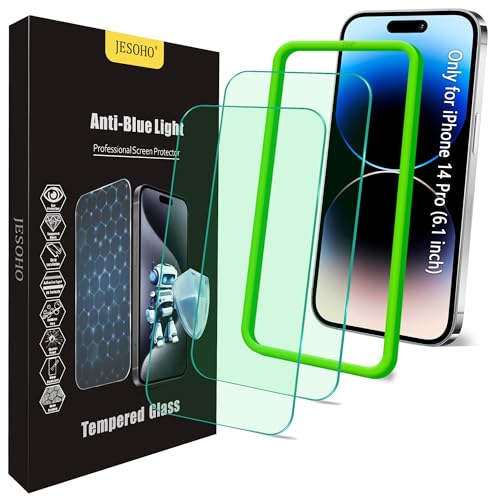 JESOHO Screen Protector for iPhone 14 Pro 6.1 inch, 2 Pack | Eye Protection HD Blue Light Blocking Tempered Glass Film, No Bubble, with Easy Installation Kit - size: iPhone 14 Pro (6.1 inches)
