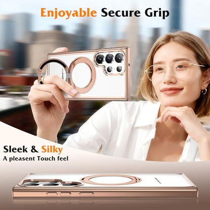 Compatible with Clear Samsung Galaxy S24 Ultra Case with 360° Invisible Magnetic Ring Stand [Compatible with Mag-Safe] Shockproof Plating Phone Case,Desert Gold - color: Desert Gold, size: Samsung Galaxy S24 Ultra
