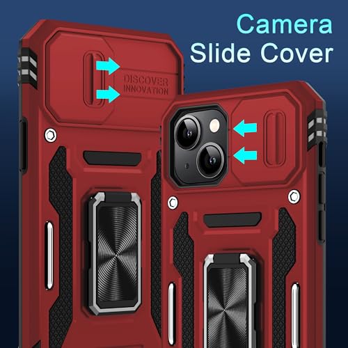 DEERLAMN Case for iPhone 15 with Slide Camera Cover + Screen Protector (2 Packs), Rotated Ring Kickstand Military Grade Shockproof Protective Cover-Red - color: Red