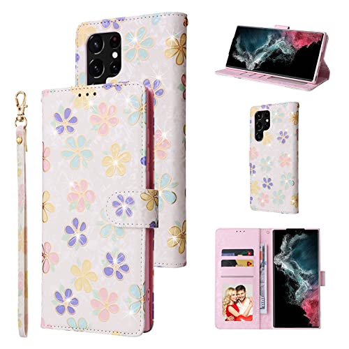 UEEBAI Wallet Case for Samsung Galaxy S23 Ultra 5G, PU Leather Phone Case Kickstand RFID Blocking Flip Case Card Slots Wrist Strap Relief Engraved Pattern Magnetic Closure Folio Case - White Daisy - color: White Daisy, size: Samsung Galaxy S23 Ultra 5G