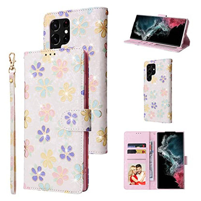 UEEBAI Wallet Case for Samsung Galaxy S23 Ultra 5G, PU Leather Phone Case Kickstand RFID Blocking Flip Case Card Slots Wrist Strap Relief Engraved Pattern Magnetic Closure Folio Case - White Daisy - color: White Daisy, size: Samsung Galaxy S23 Ultra 5G