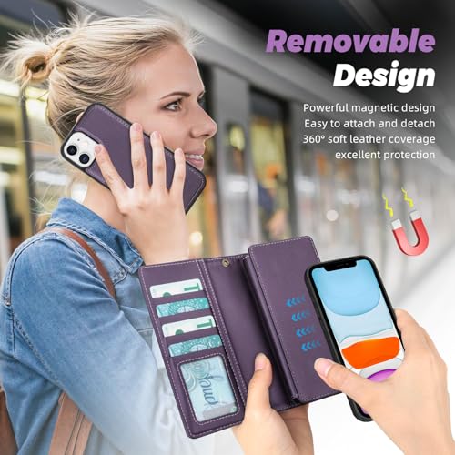 TwoHead for iPhone 11 Wallet case with 11 Card Holder (Deep Purple) | Detachable Magnetic Phone Case, PU Leather Wallet for Women/Men,Wireless Charging Compatible,with Wrist Strap - color: Deep Purple