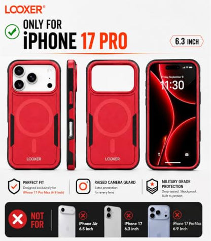 LOOXER® Heavy Duty Rugged Magnetic Case for iPhone 17 Pro (6.3”) | Military Grade Shockproof Protection,MagSafe Compatible+ Tempered Glass Included (Red, 17 Pro) - color: Red, size: 17 Pro