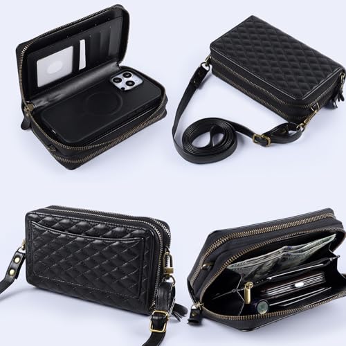 Harryshell Compatible with iPhone 16 Case Wallet Multi Zipper Detachable Removable Cover Purse with RFID Blocking Card Slots Holder Mirror Crossbody Strap (Compatible with Magsafe - Black) - color: Compatible with Magsafe - Black, size: iPhone 16
