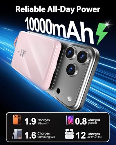 10000mAh Portable Charger, 20W Fast Charging, Built-in Cables with Handle | Charge from 20% to 85% in 30 Mins, 30% Smaller, magnetic grip, Stays Cool, LED Display, for iPhone, Samsung, Android Phones - color: 04.Pink