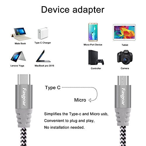 Fasgear USB C to Micro USB Cable, Gray, 1ft - color: Gray, size: 1ft