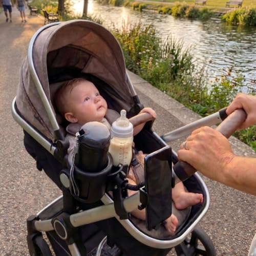 Universal 3-in-1 Stroller Cup Holder with 360° Rotatable Phone Mount, Detachable Dual Drink Holder for Bicycle, Motorcycle, Wheelchair, Walker, and Scooter, Fits Large Tumblers & Baby Bottles